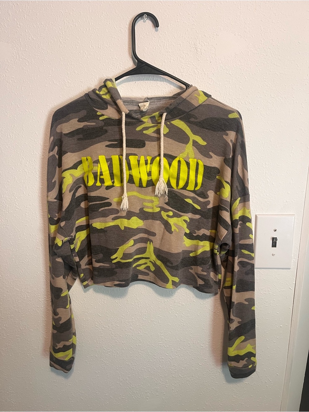 Cropped Camo Hoodie with Neon Yellow Logo